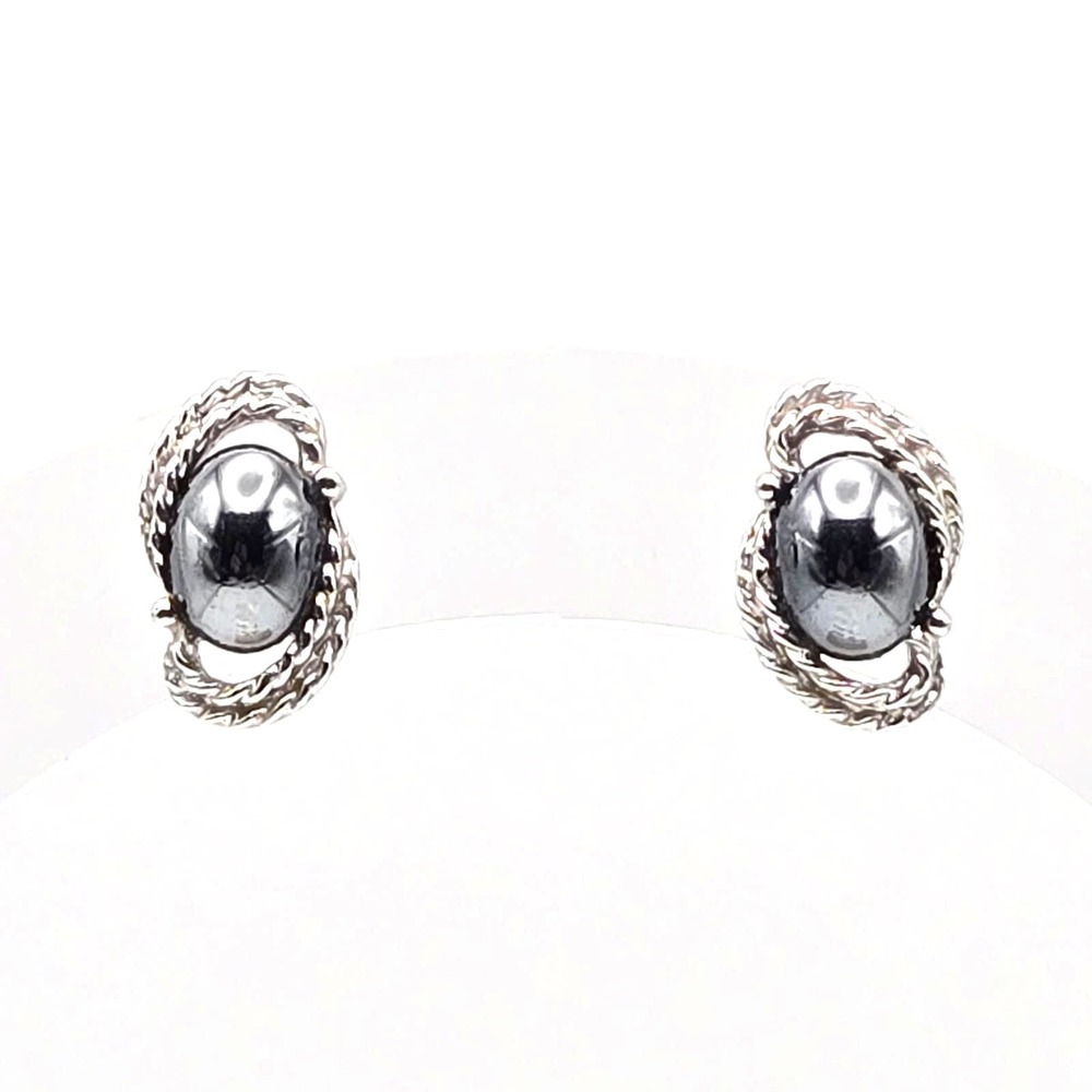 Silvertone Double‎ Twisted Rope Framing Hematite Post Stud Earrings
